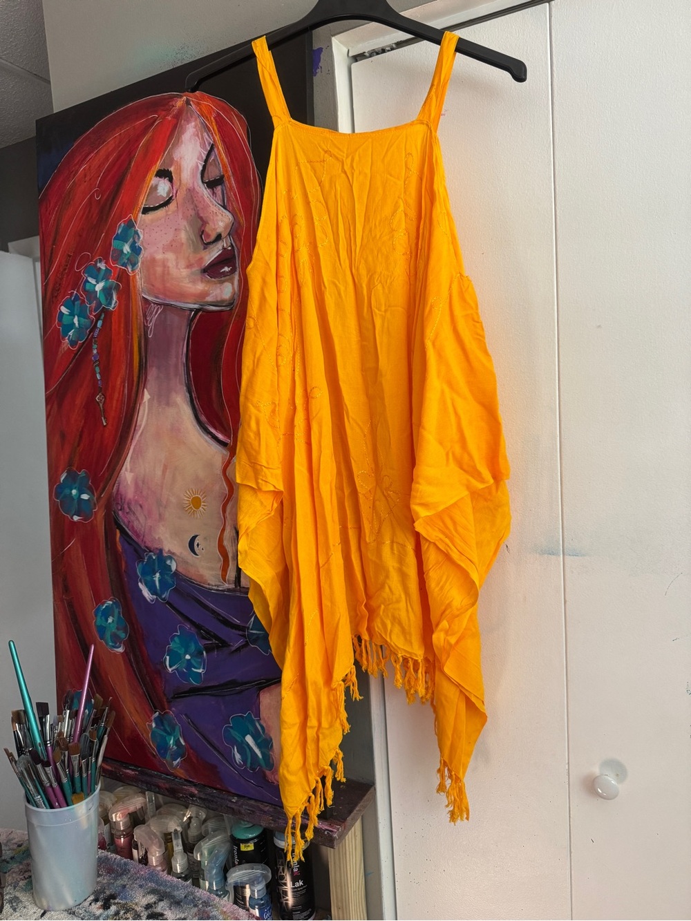SOOAK Upcycled Scarf Dress Yellow Embroidered Boho Fringed Tunic Kaftan Oversize